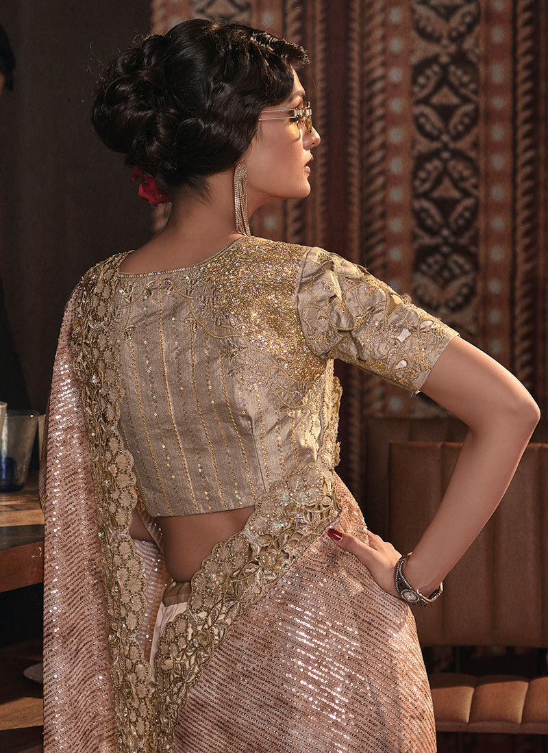 Beige Golden Sequence And Appliqué Embroidery Wedding Saree