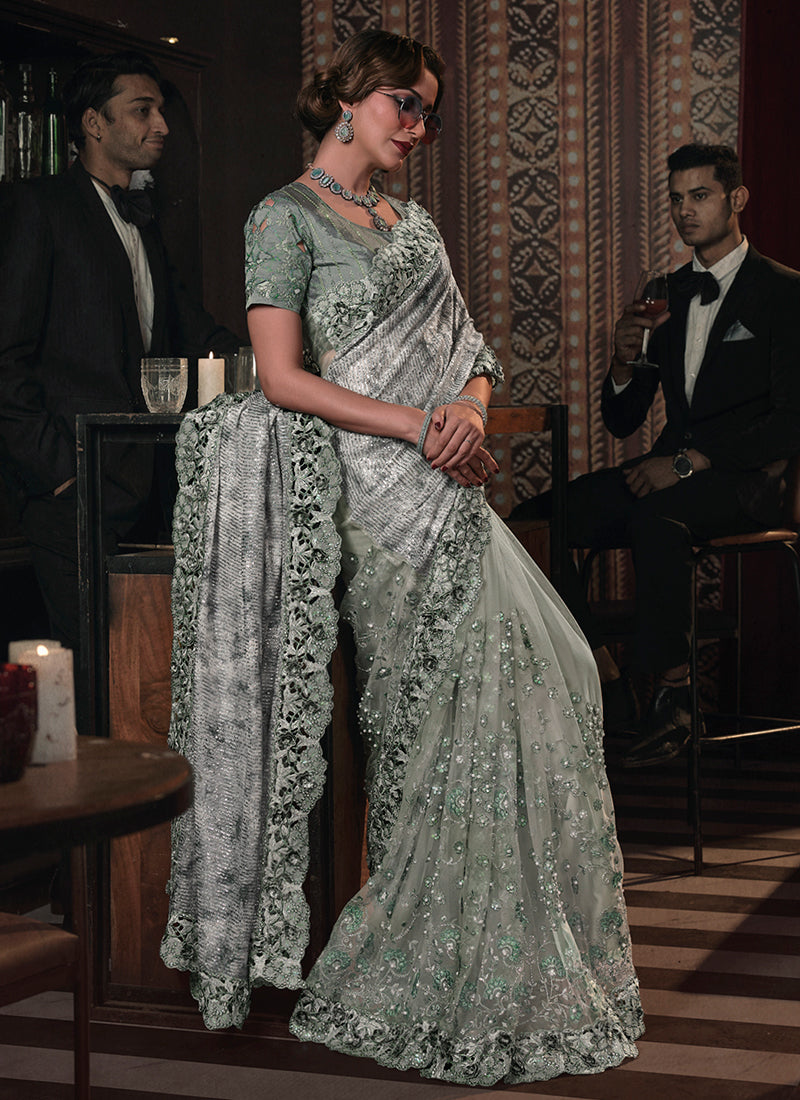 Teal Sequence And Appliqué Embroidery Wedding Saree