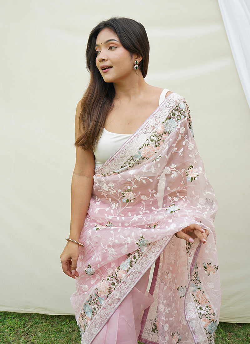 Pink Floral Print And Chikankari Embroidered Silk Saree