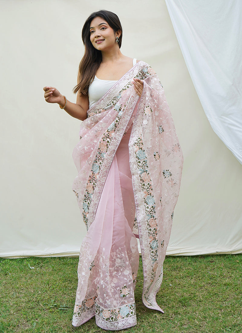 Pink Floral Print And Chikankari Embroidered Silk Saree