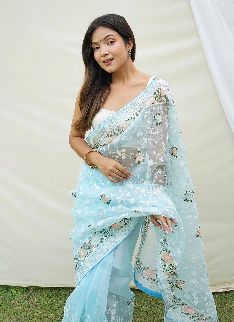 Blue Floral Print And Chikankari Embroidered Silk Saree