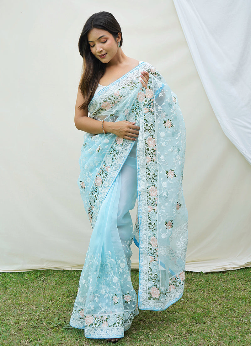 Blue Floral Print And Chikankari Embroidered Silk Saree