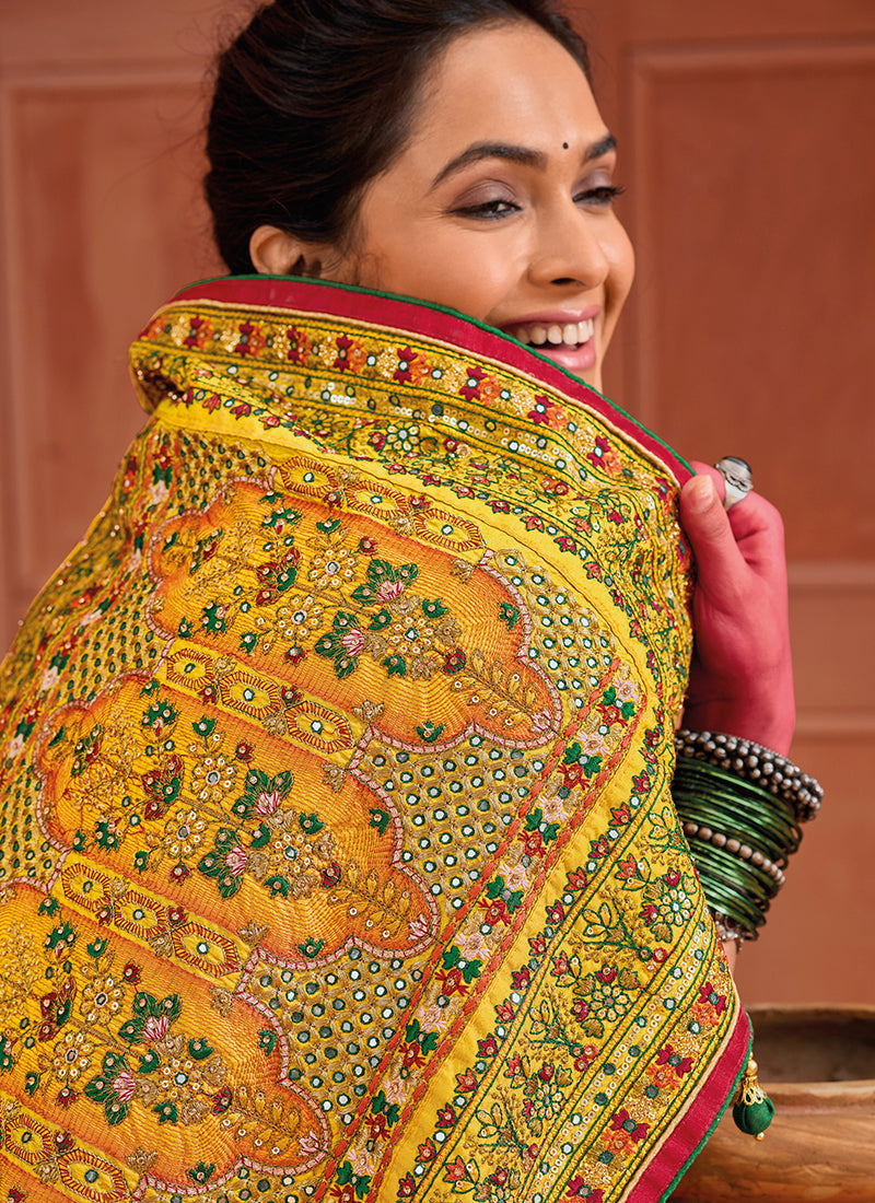 Yellow And Green Multi Embroidery Traditional Silk Saree