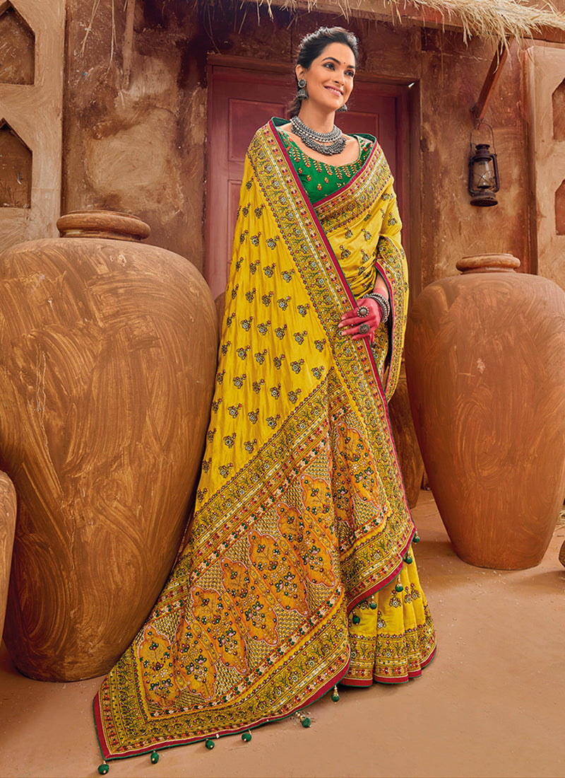 Yellow And Green Multi Embroidery Traditional Silk Saree