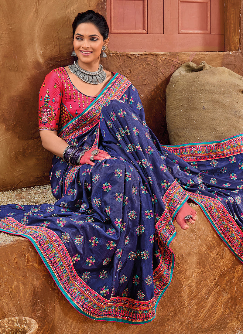 Blue And Pink Multi Embroidery Traditional Silk Saree