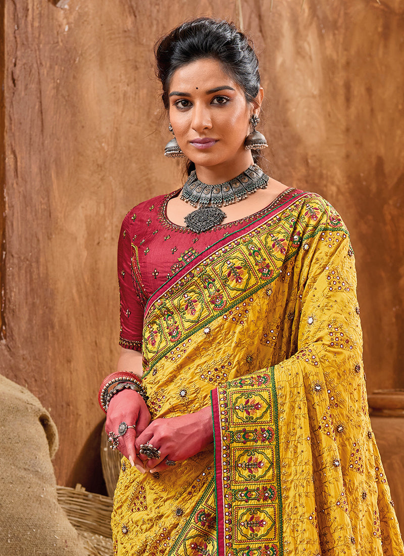 Yellow And Pink Multi Embroidery Traditional Silk Saree