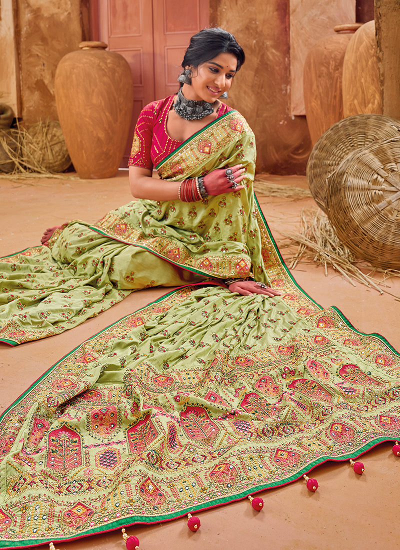 Green And Red Multi Embroidery Traditional Silk Saree