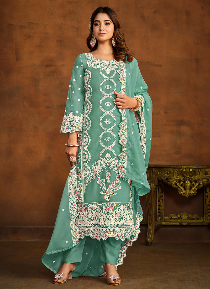 Green Sequence Embroidery Traditional Pant Style Suit