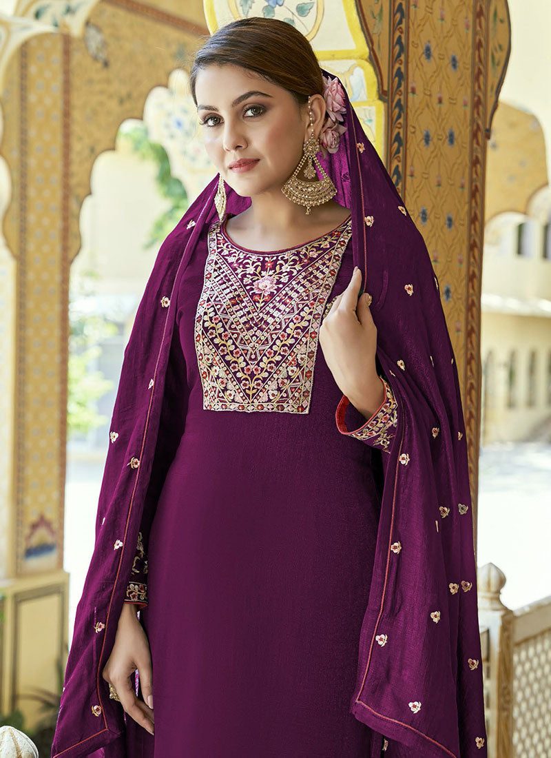 Deep Wine Multi Embroidery Festive Palazzo Suit