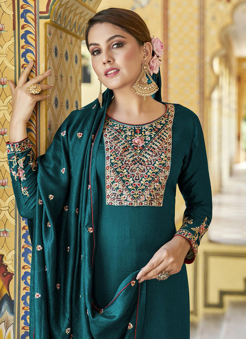 Turquoise Multi Embroidery Festive Palazzo Suit