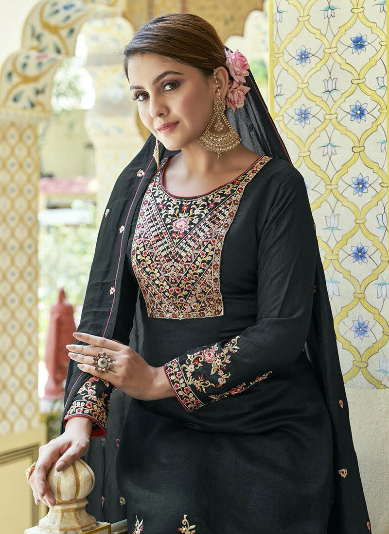 Charcoal Blue Multi Embroidery Festive Palazzo Suit