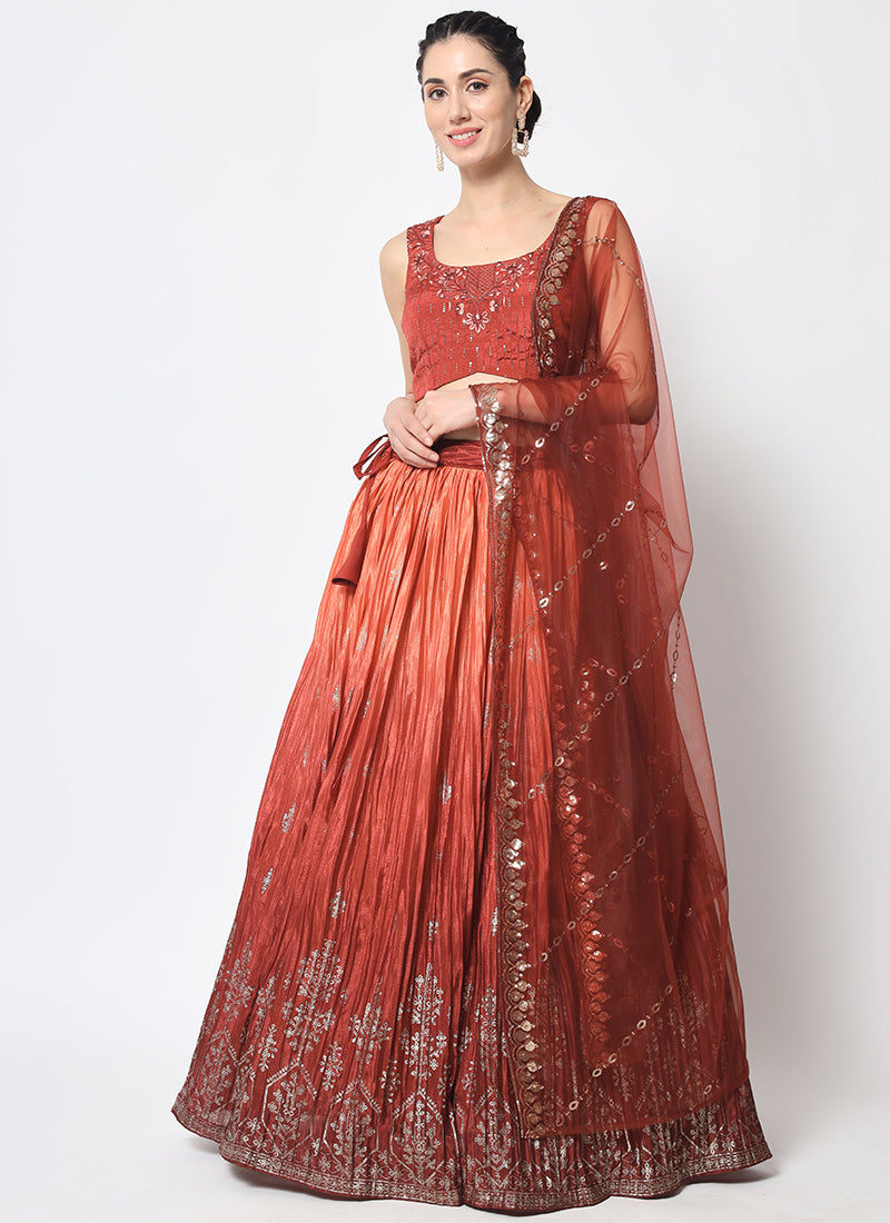 Burnt Orange Ombré Sequence Embroidery Silk Lehenga Choli