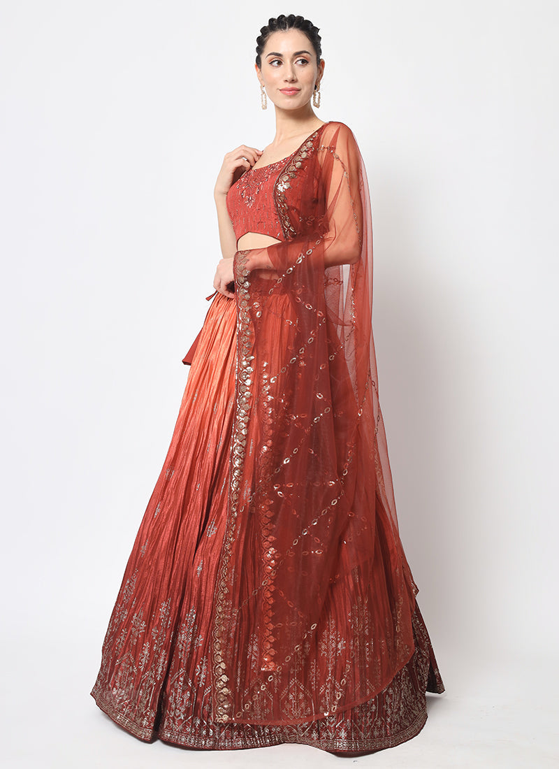 Burnt Orange Ombré Sequence Embroidery Silk Lehenga Choli