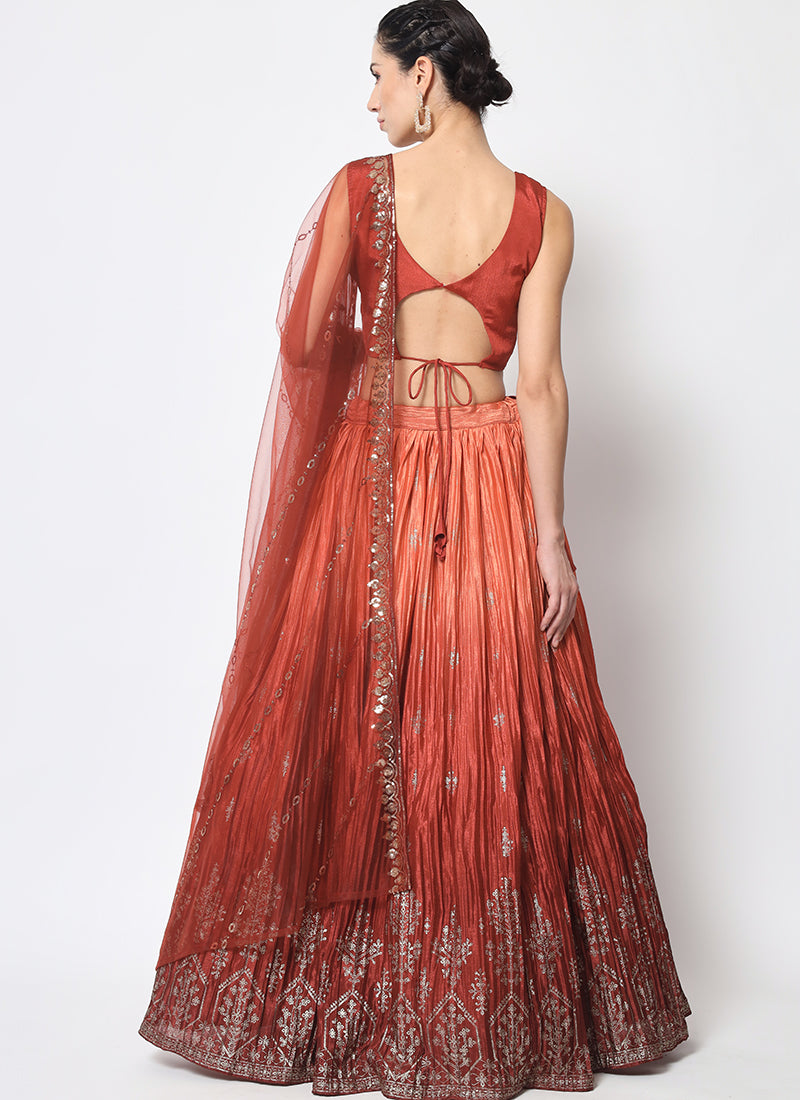 Burnt Orange Ombré Sequence Embroidery Silk Lehenga Choli