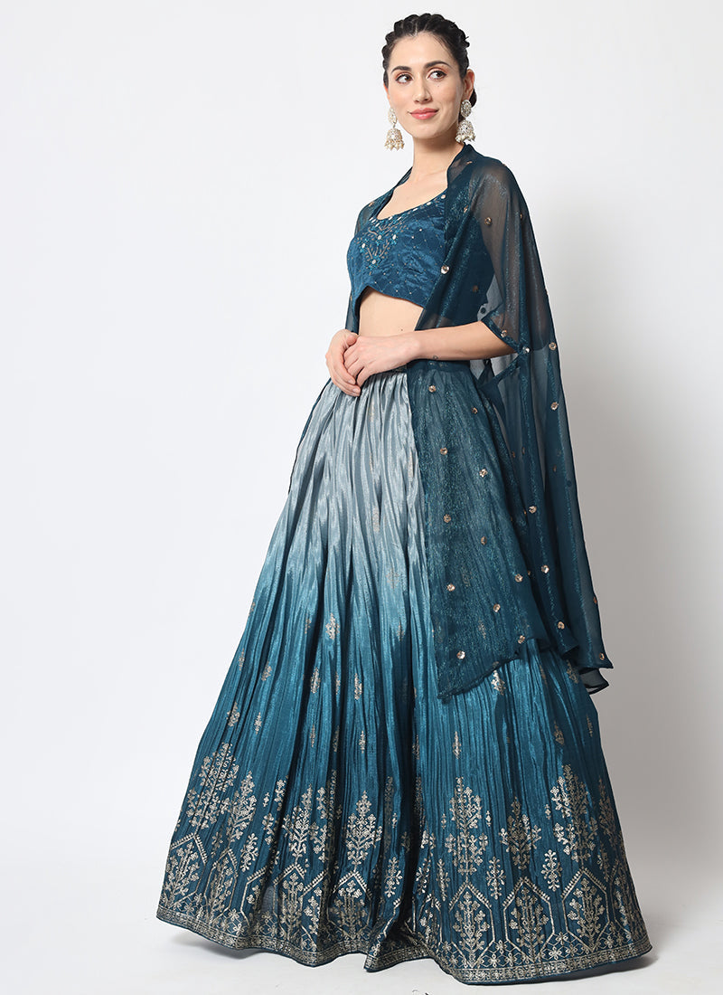 Blue Ombré Sequence Embroidery Silk Lehenga Choli