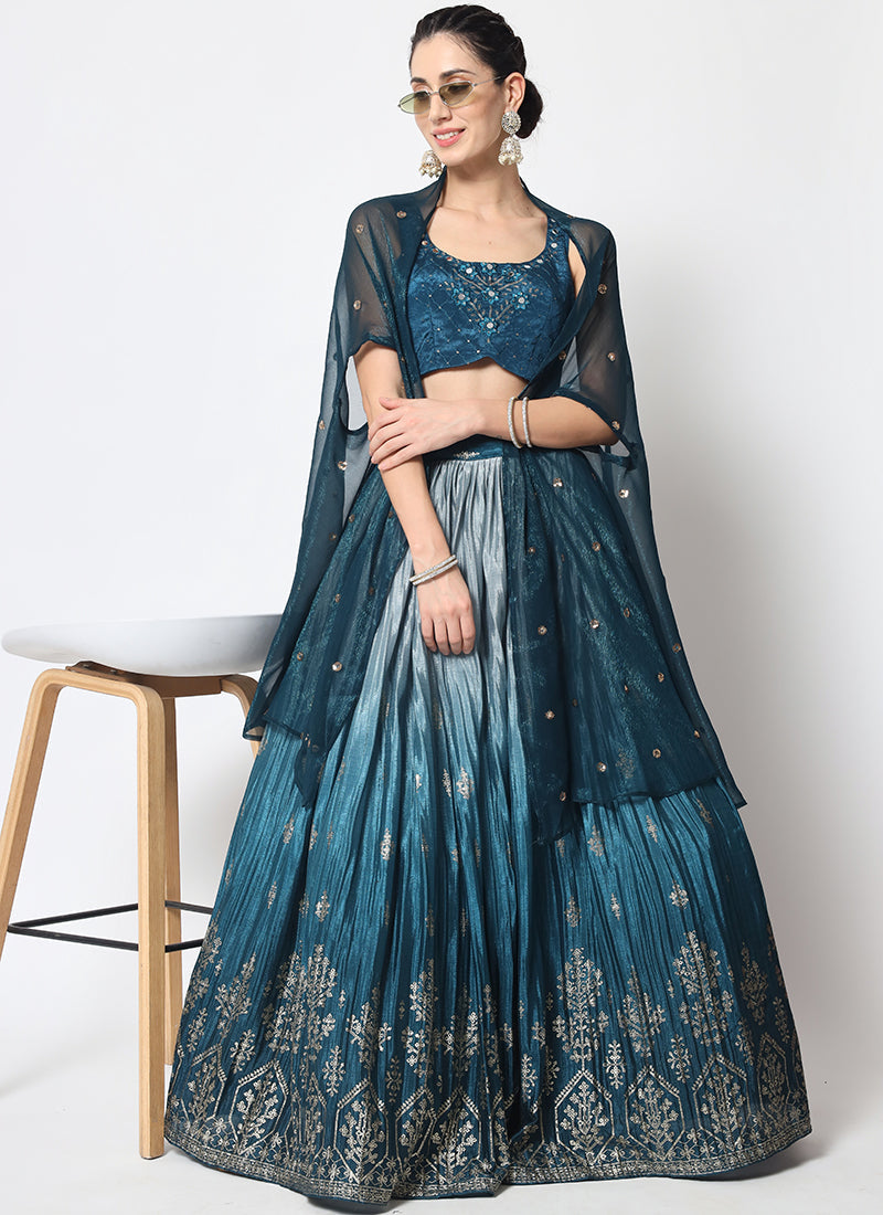 Blue Ombré Sequence Embroidery Silk Lehenga Choli