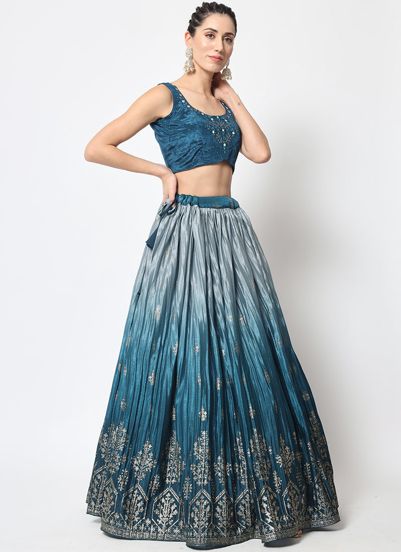 Blue Ombré Sequence Embroidery Silk Lehenga Choli