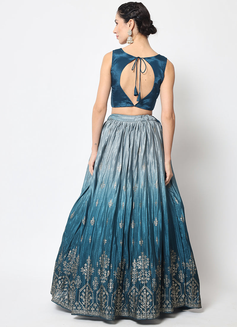 Blue Ombré Sequence Embroidery Silk Lehenga Choli