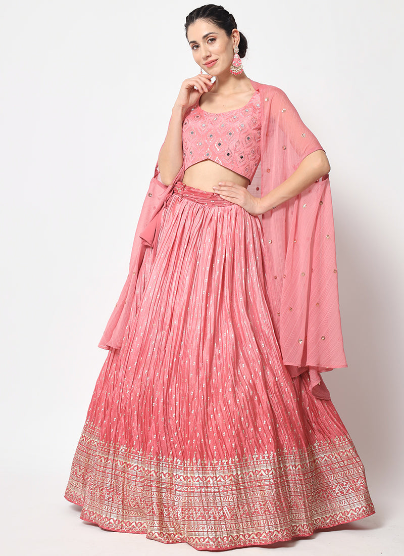 Pink Ombré Sequence Embroidery Silk Lehenga Choli