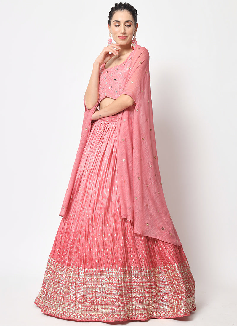 Pink Ombré Sequence Embroidery Silk Lehenga Choli