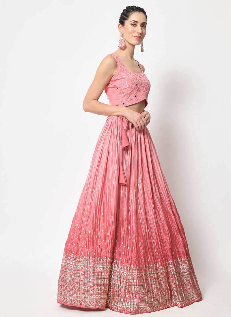 Pink Ombré Sequence Embroidery Silk Lehenga Choli