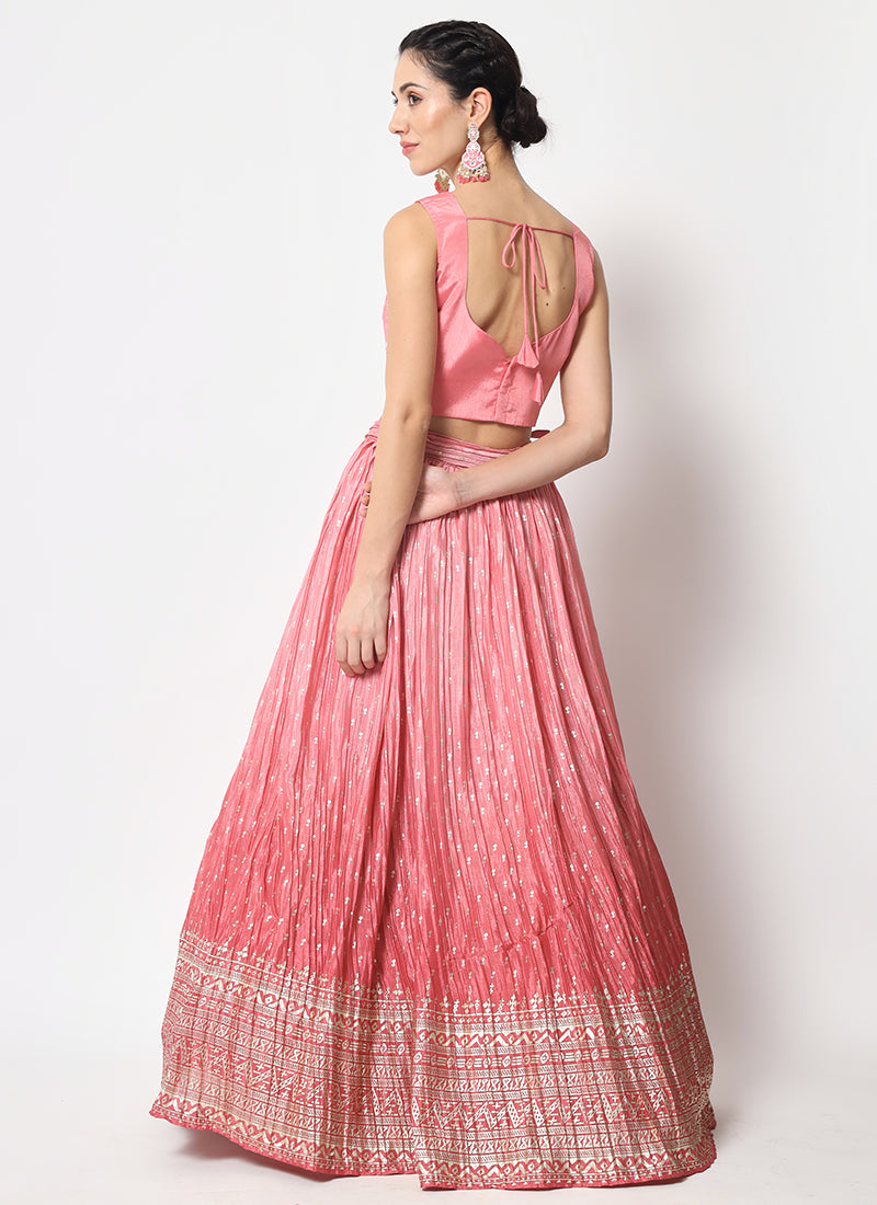 Pink Ombré Sequence Embroidery Silk Lehenga Choli