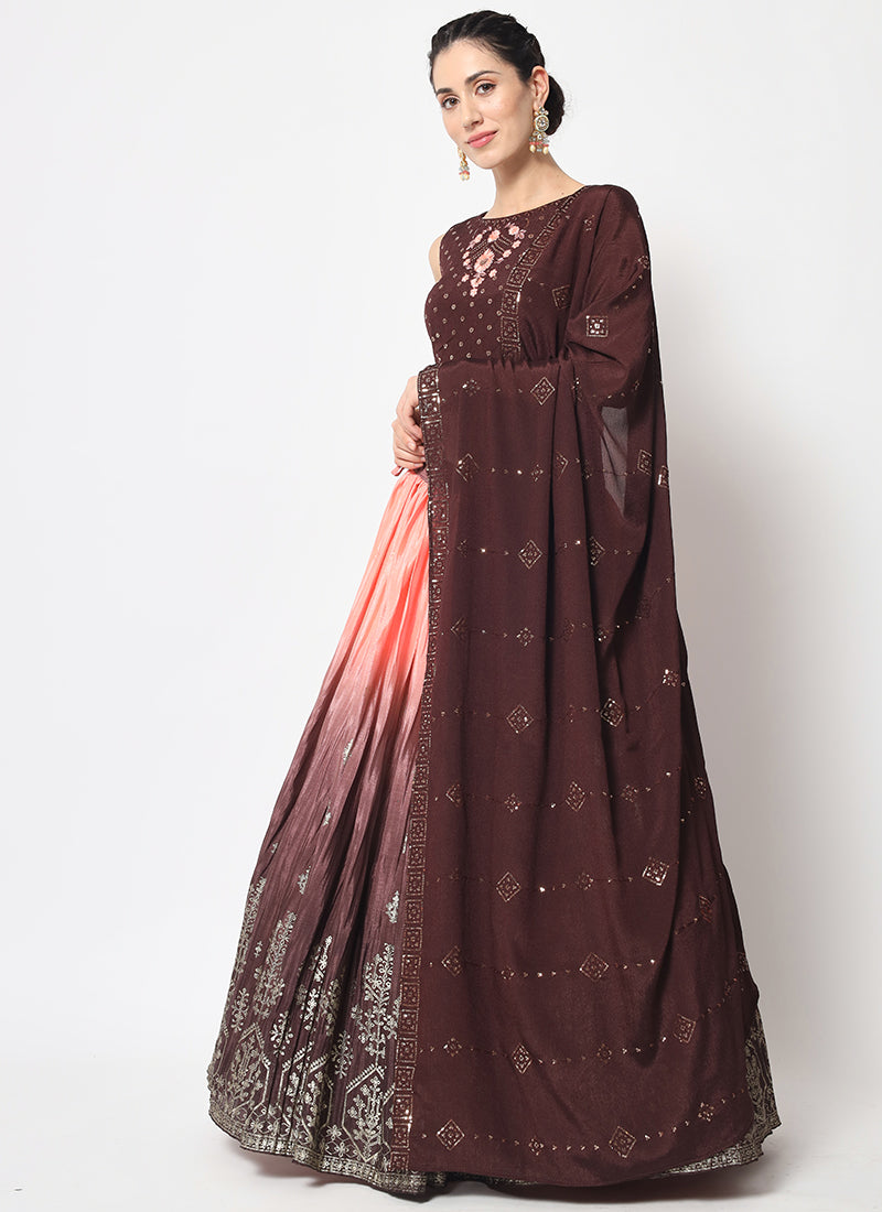 Brown Peach Ombré Sequence Embroidery Silk Lehenga Choli