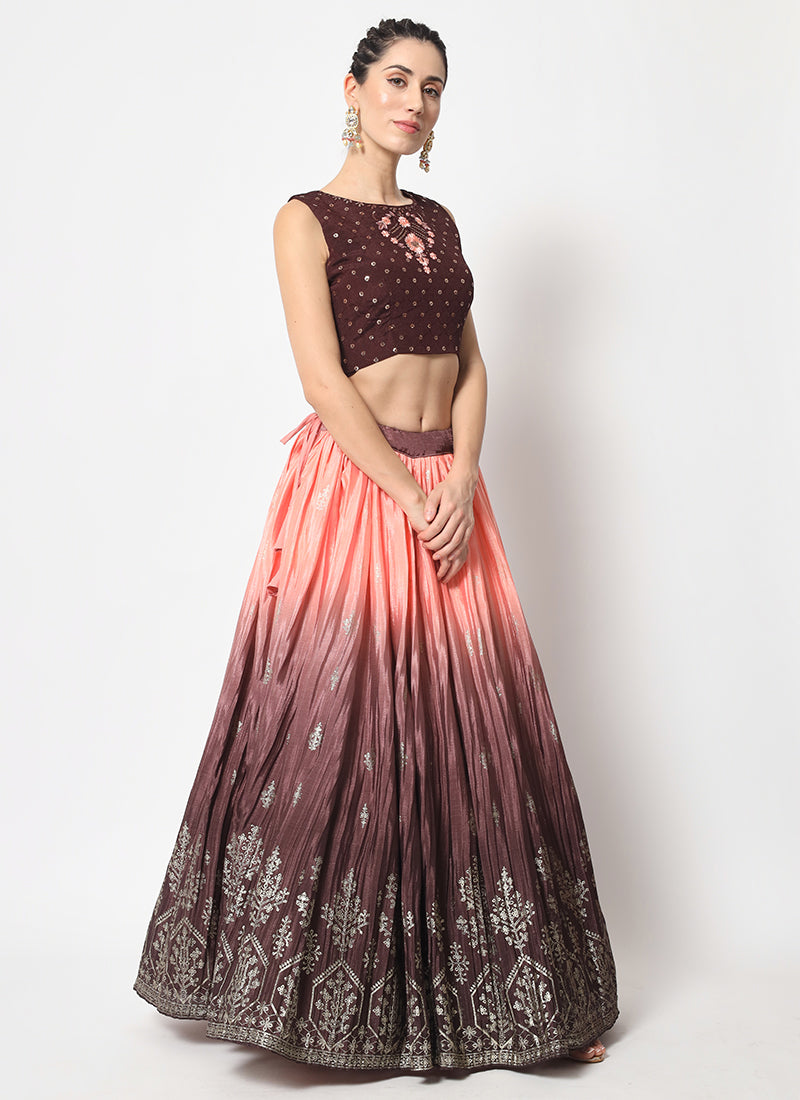 Brown Peach Ombré Sequence Embroidery Silk Lehenga Choli