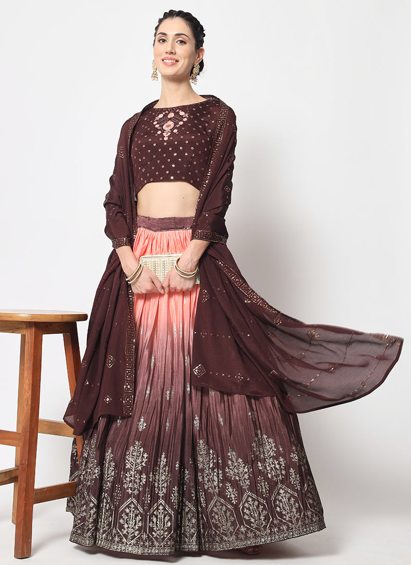 Brown Peach Ombré Sequence Embroidery Silk Lehenga Choli