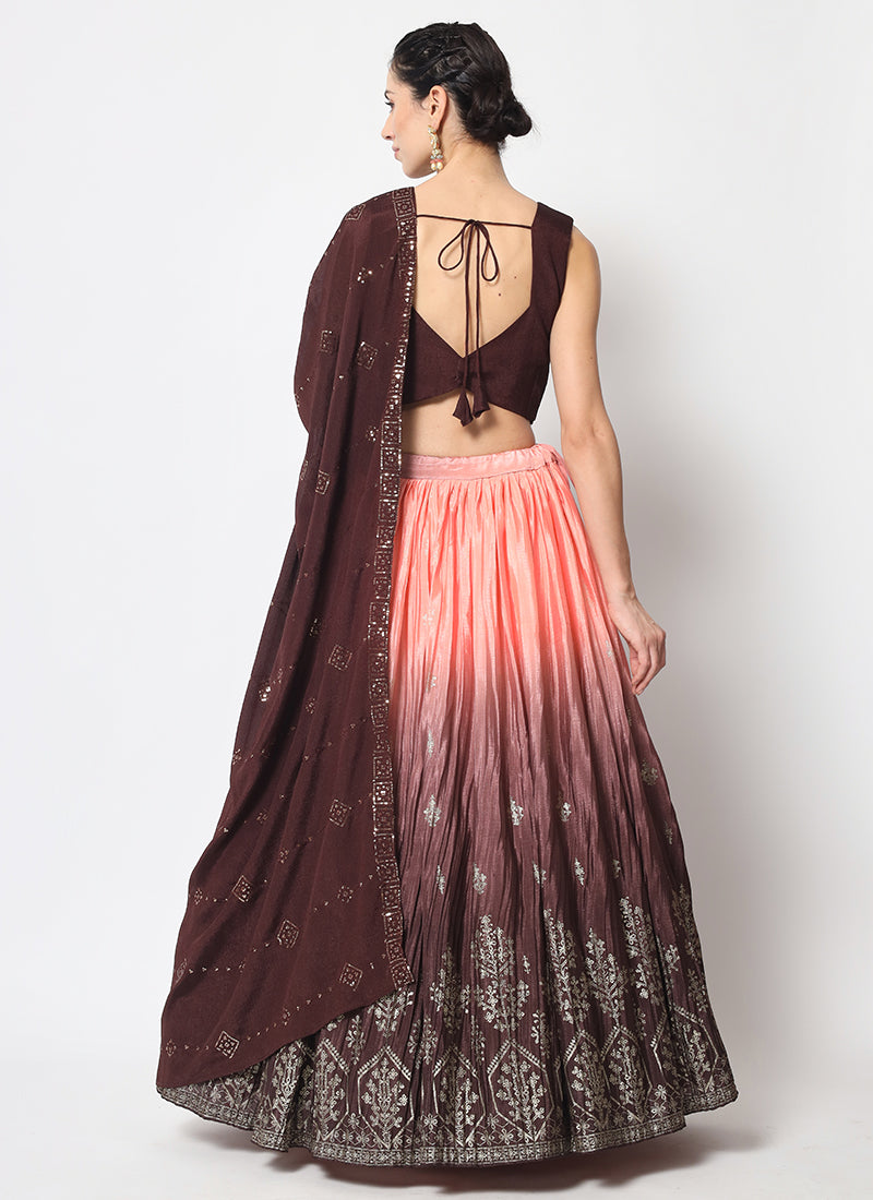 Brown Peach Ombré Sequence Embroidery Silk Lehenga Choli