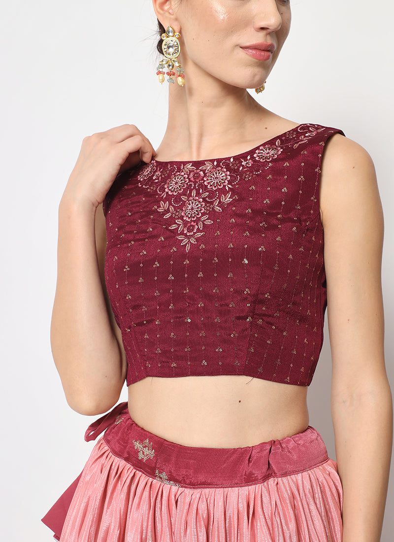 Maroon Ombré Sequence Embroidery Silk Lehenga Choli