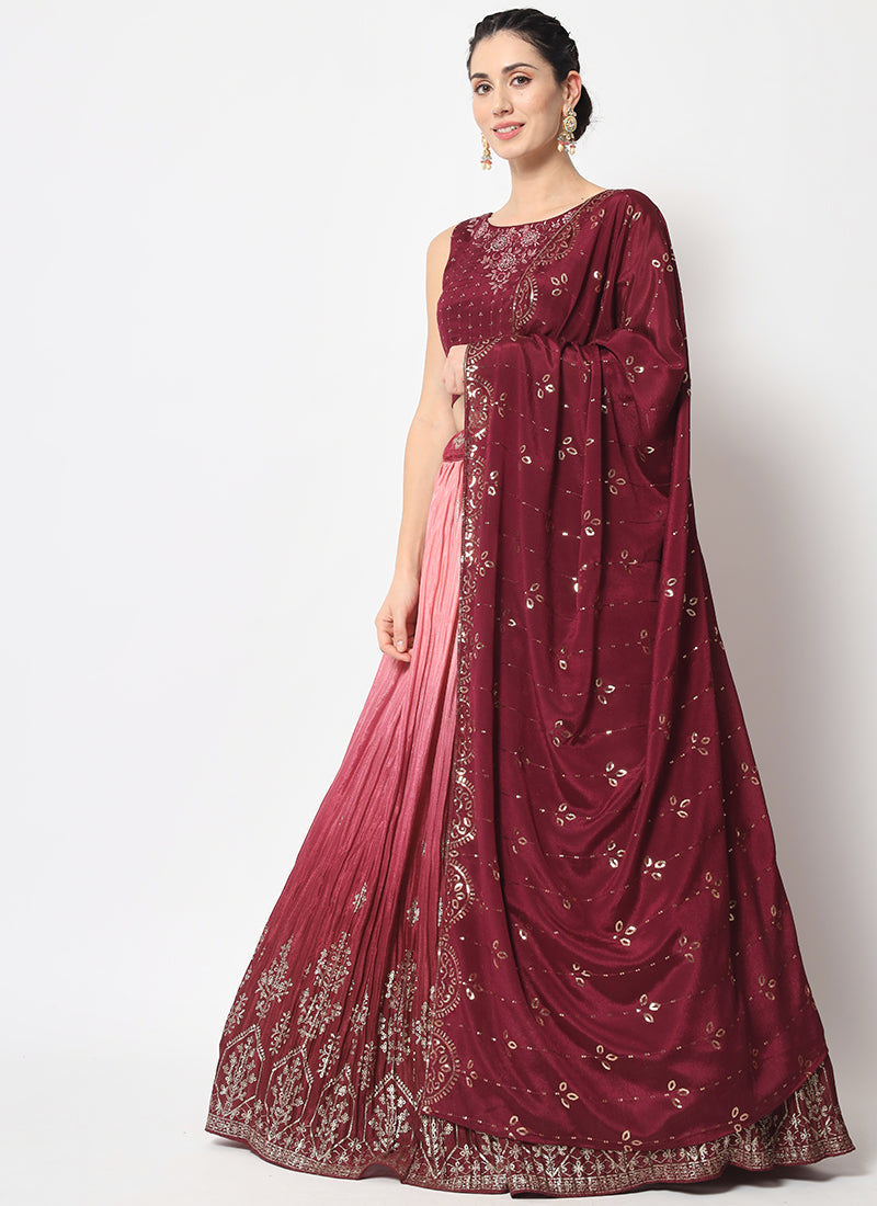 Maroon Ombré Sequence Embroidery Silk Lehenga Choli