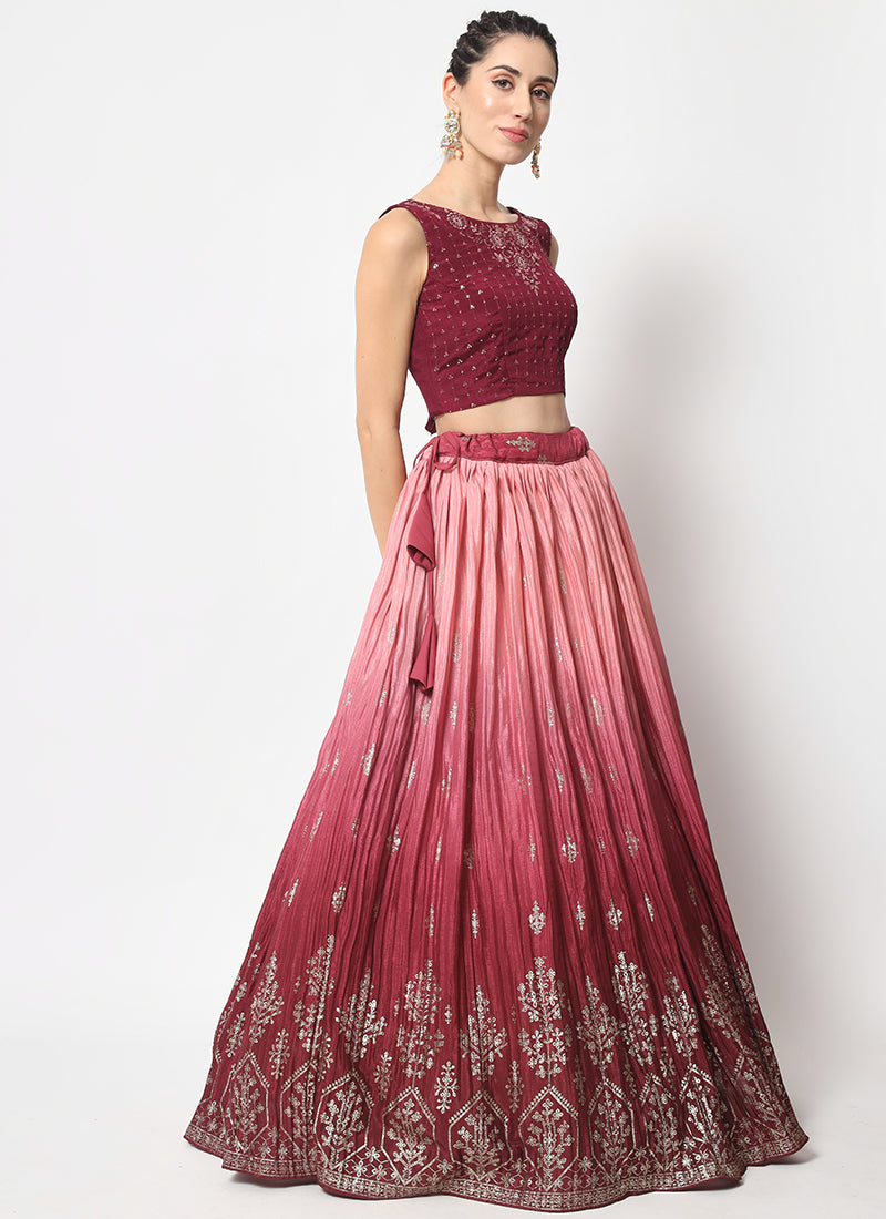 Maroon Ombré Sequence Embroidery Silk Lehenga Choli