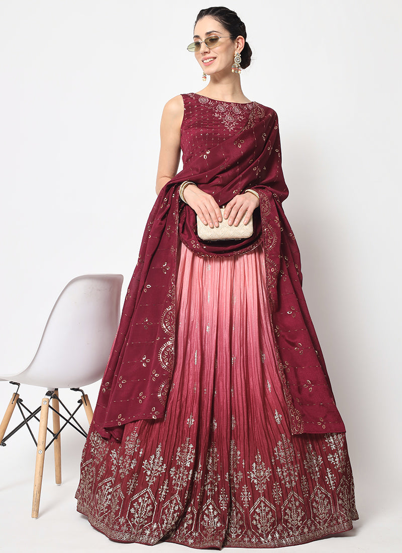 Maroon Ombré Sequence Embroidery Silk Lehenga Choli