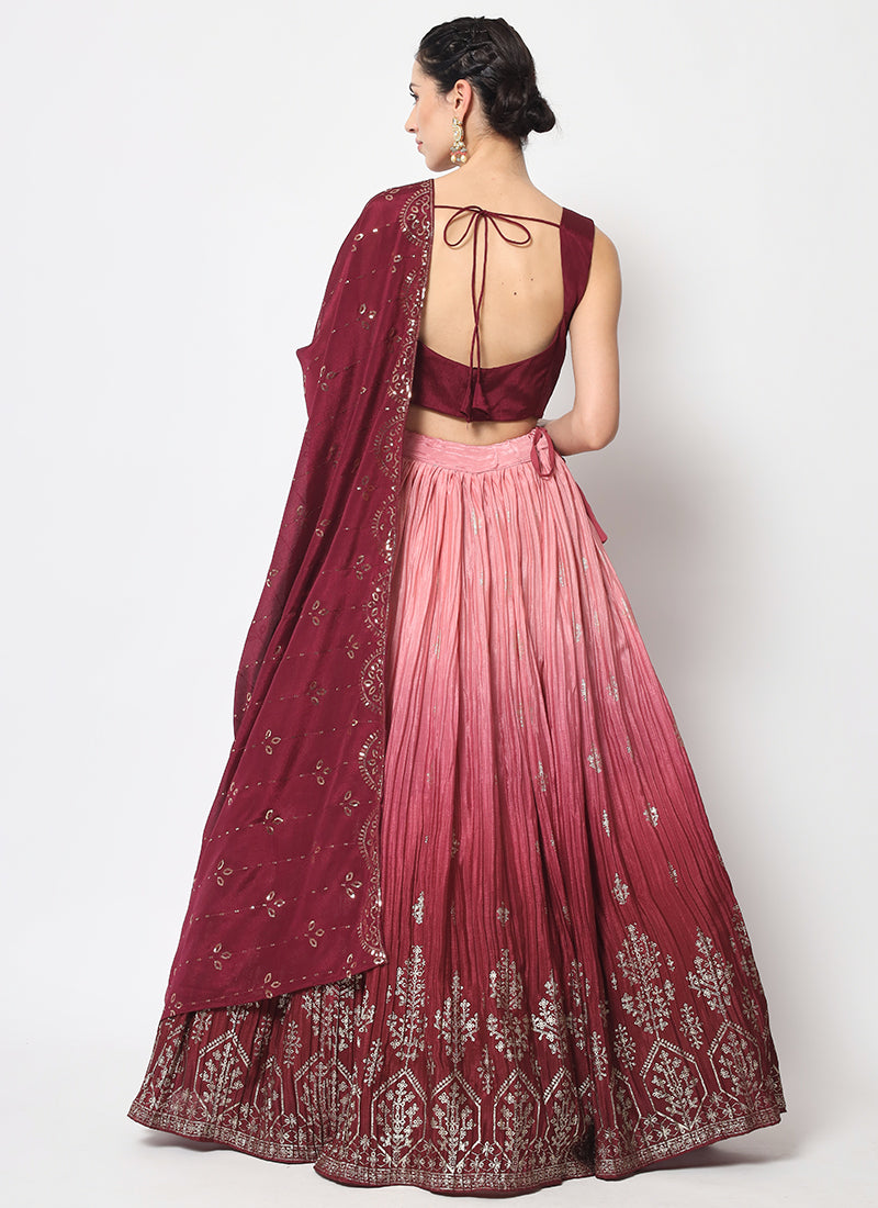 Maroon Ombré Sequence Embroidery Silk Lehenga Choli