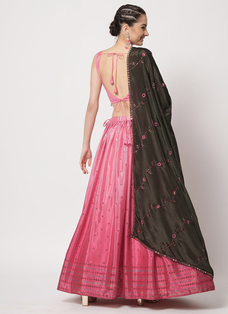 Pink Sequence Embroidery Digital Printed Lehenga Choli