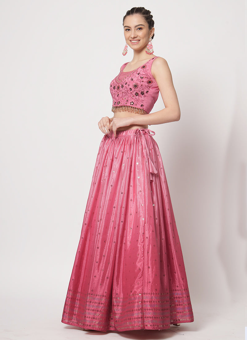 Pink Sequence Embroidery Digital Printed Lehenga Choli