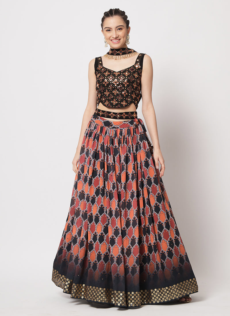 Black Multi Sequence Embroidery Digital Printed Lehenga Choli