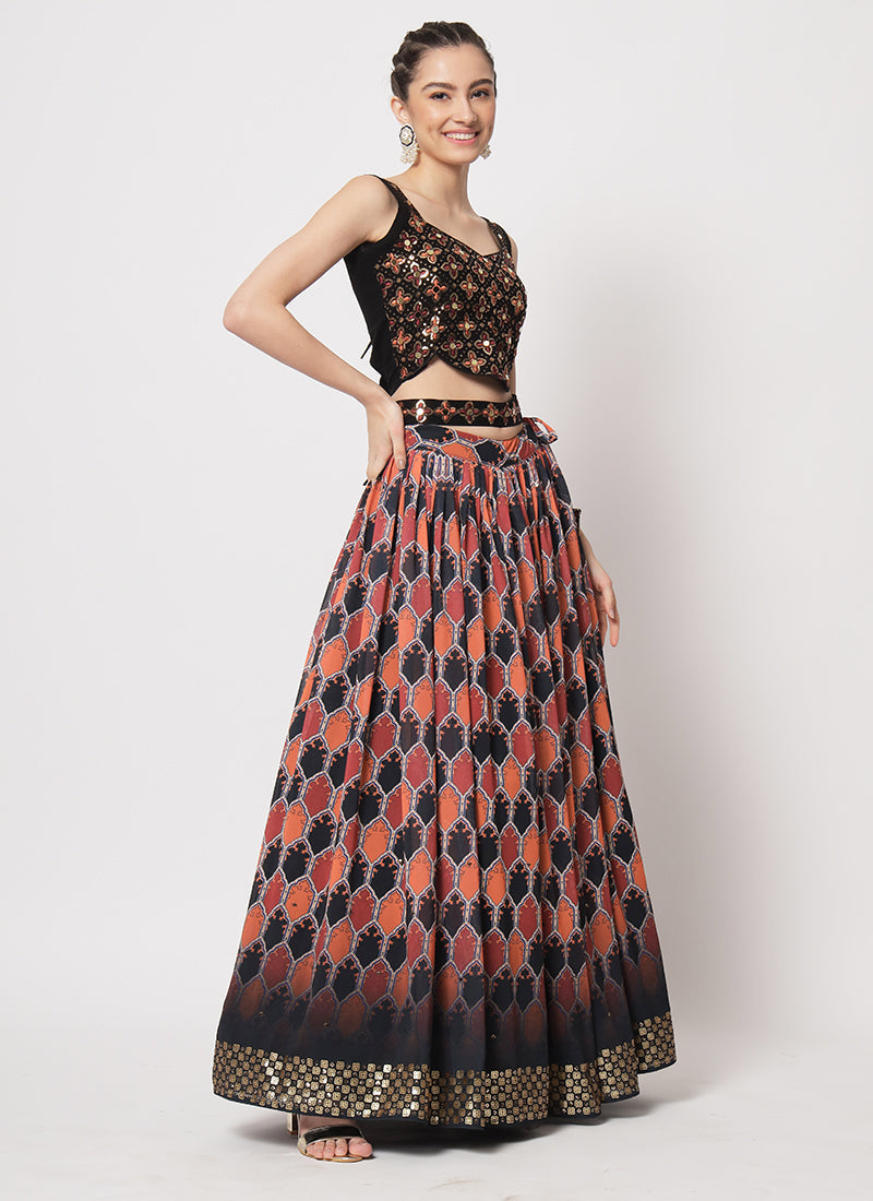 Black Multi Sequence Embroidery Digital Printed Lehenga Choli