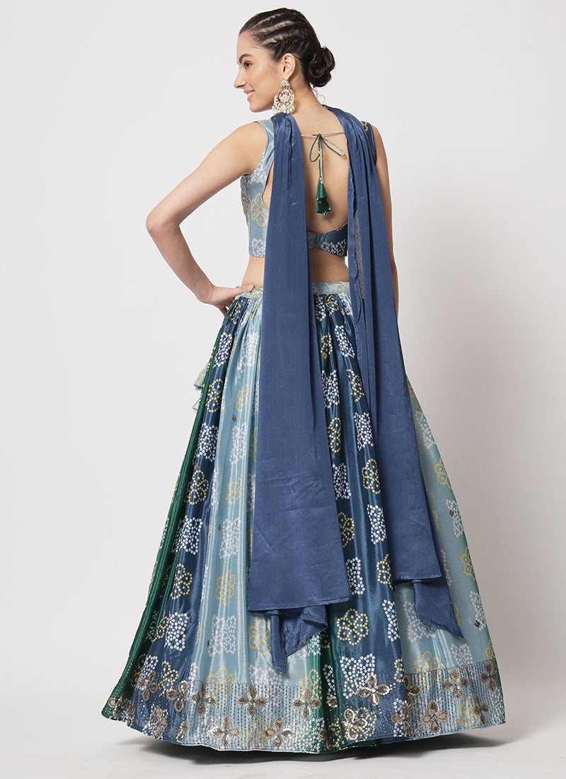 Blue Sequence Embroidery Digital Printed Lehenga Choli