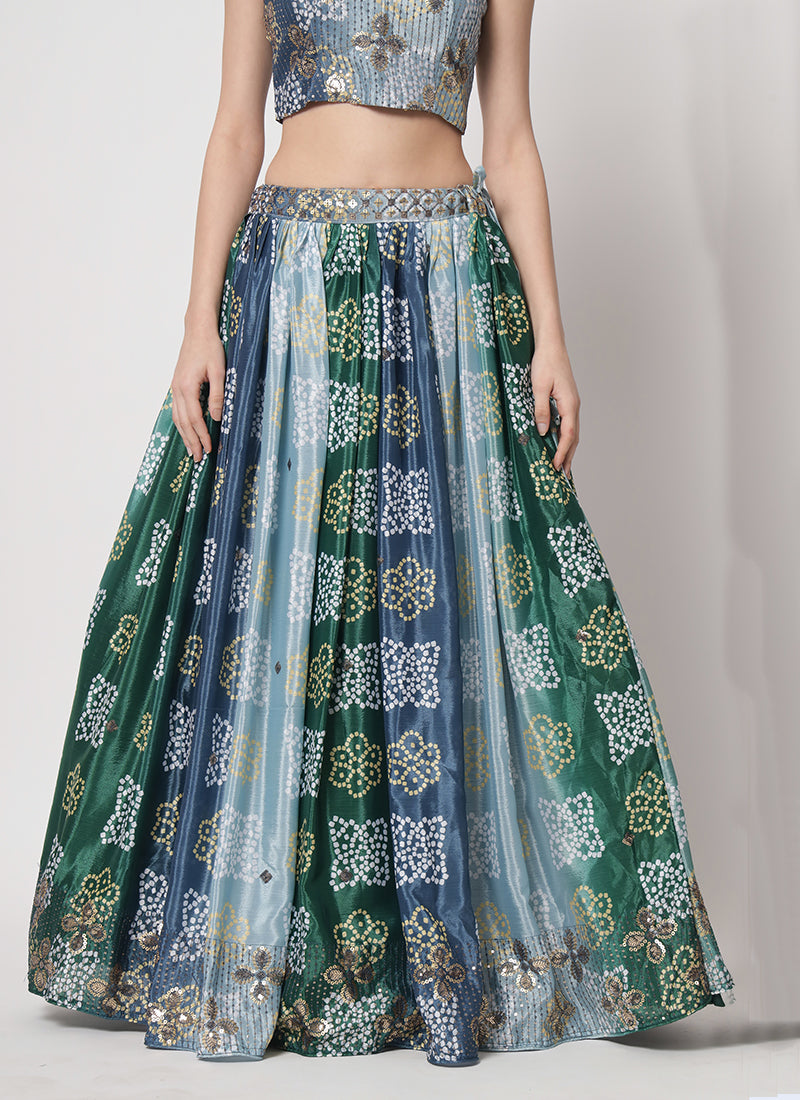 Blue Sequence Embroidery Digital Printed Lehenga Choli