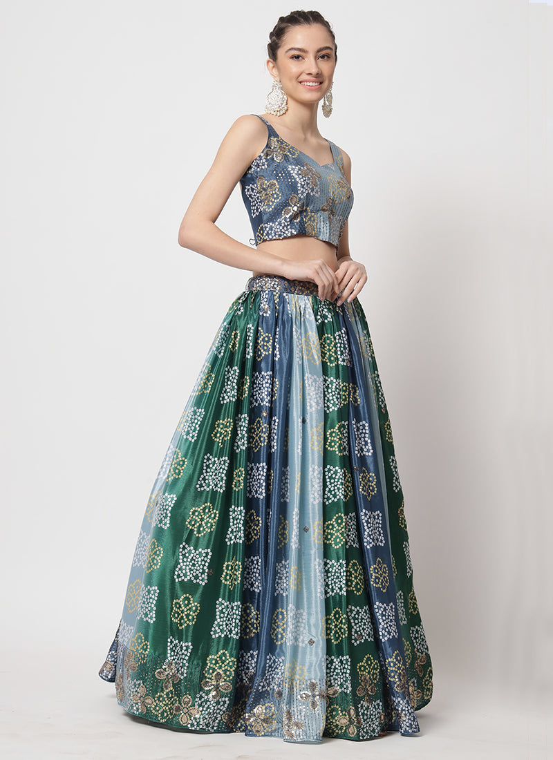 Blue Sequence Embroidery Digital Printed Lehenga Choli