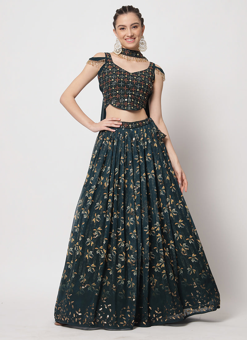 Deep Green Sequence Embroidery Digital Printed Lehenga Choli