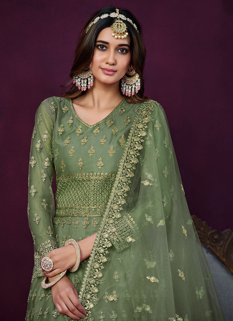 Green Sequence Embroidery Traditional Anarkali Suit