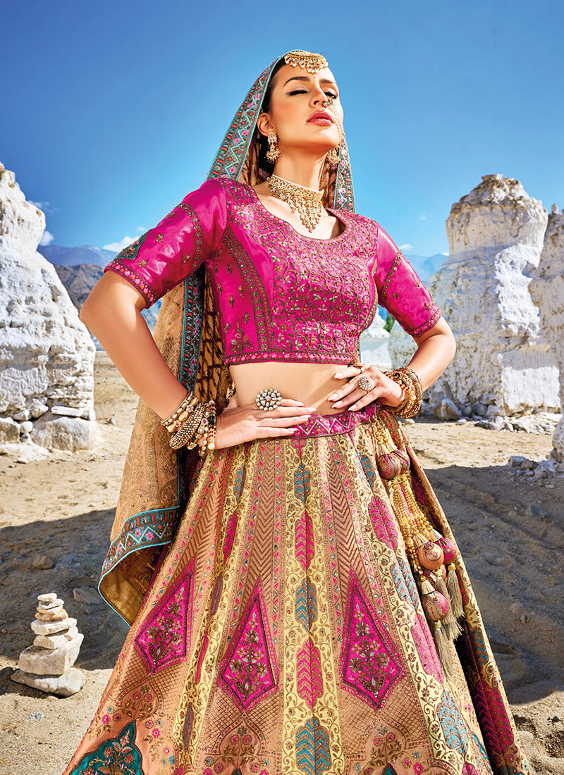 Pink And Yellow Embroidery Wedding Lehenga Choli