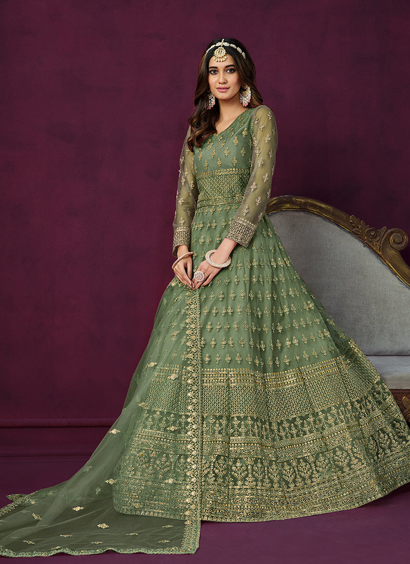 Green Sequence Embroidery Traditional Anarkali Suit