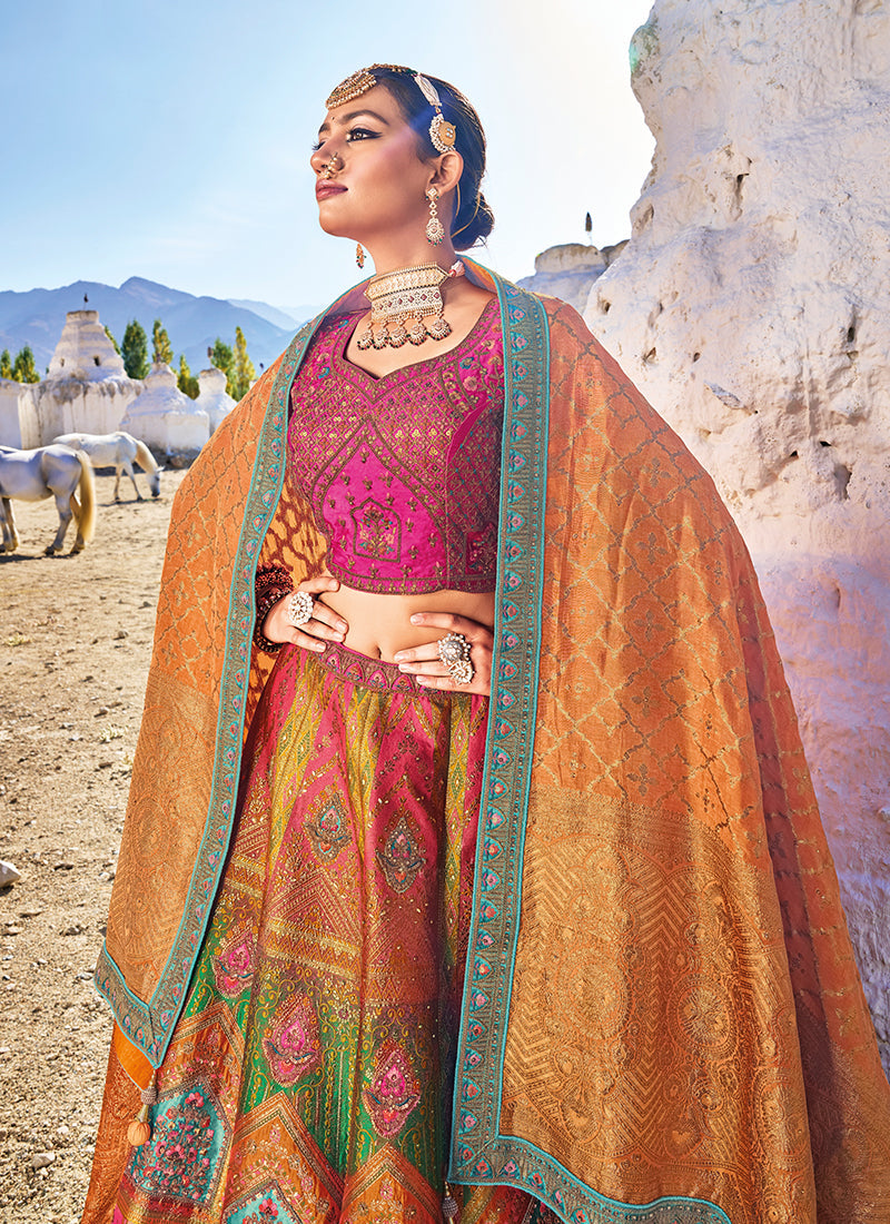 Pink And Orange Embroidery Wedding Lehenga Choli