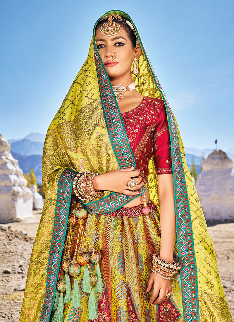 Lime Green And Red Embroidery Wedding Lehenga Choli