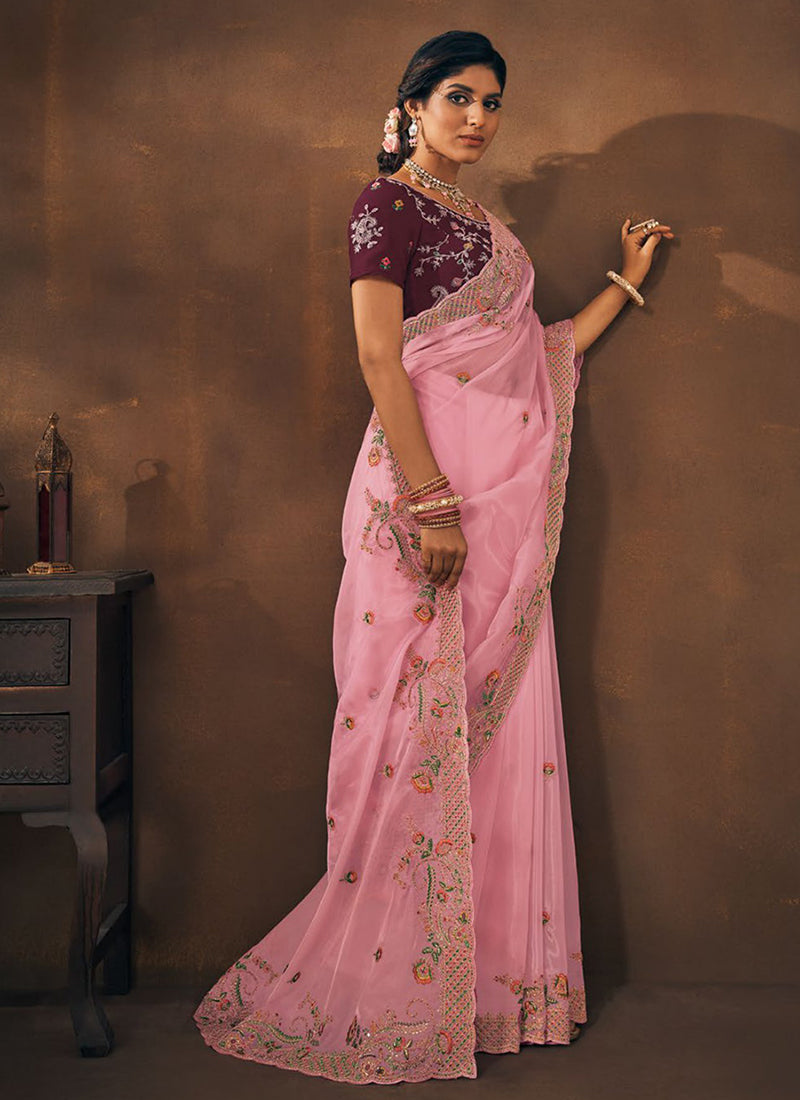 Light Pink Sequence Embroidery Wedding Saree