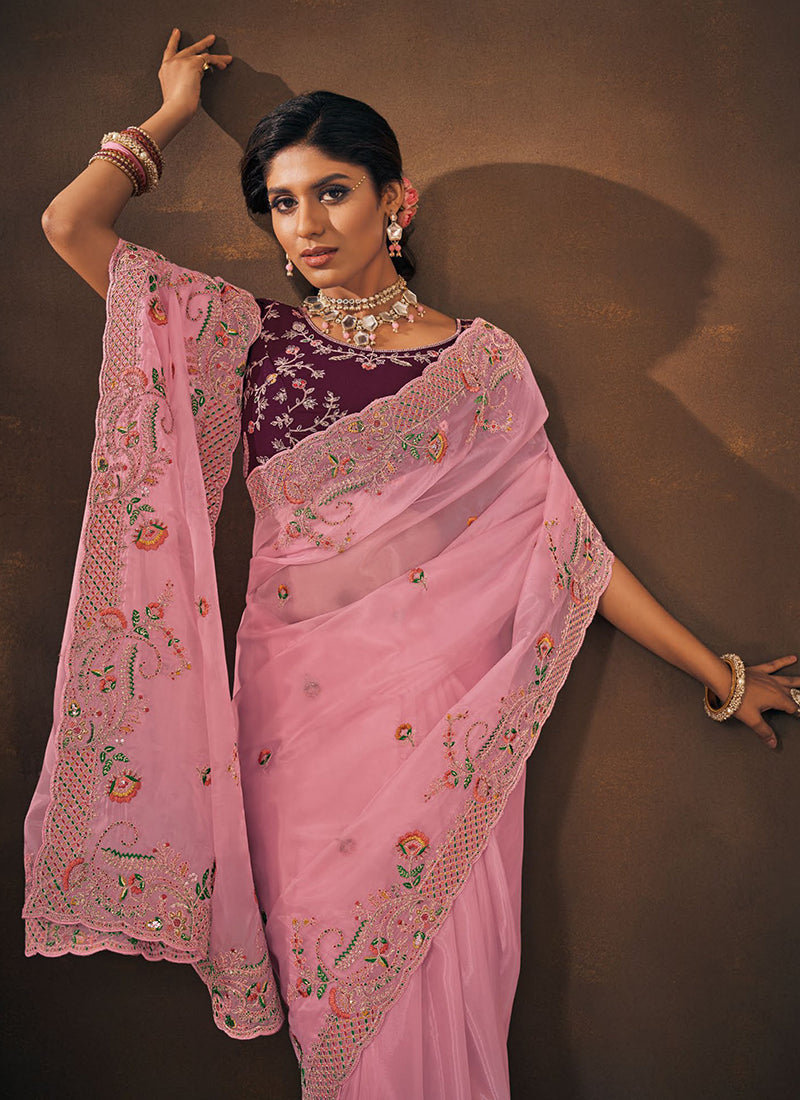 Light Pink Sequence Embroidery Wedding Saree